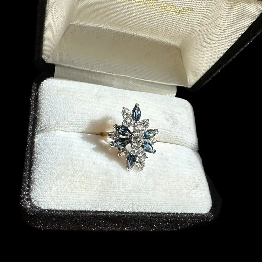 Vintage 18KT HGF Gold Sapphire blue gemstone and CZ cocktail ring Size 8-8.5